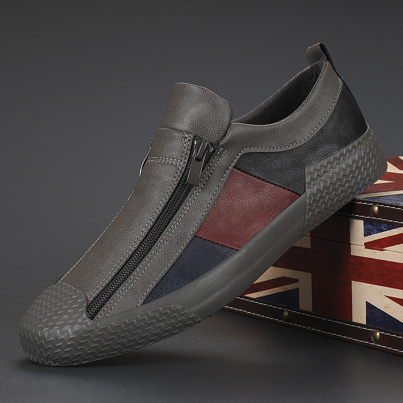 Autumn men's shoes: -style casual shoes, one-foot lazy shoes, zipper leather shoes, color-blocked trendy shoes, flat board shoes for men - happyshop365247
