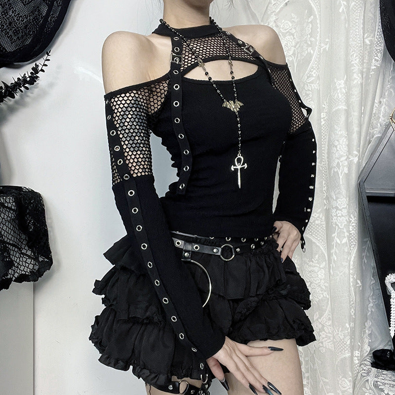 Fishing net splicing off shoulder long sleeved top for women