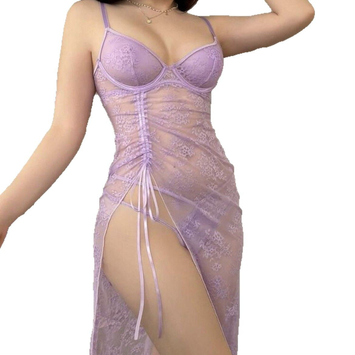 Sexy and erotic sleepwear embroidered stockings hollowed out splicing fishing net suspender see through set