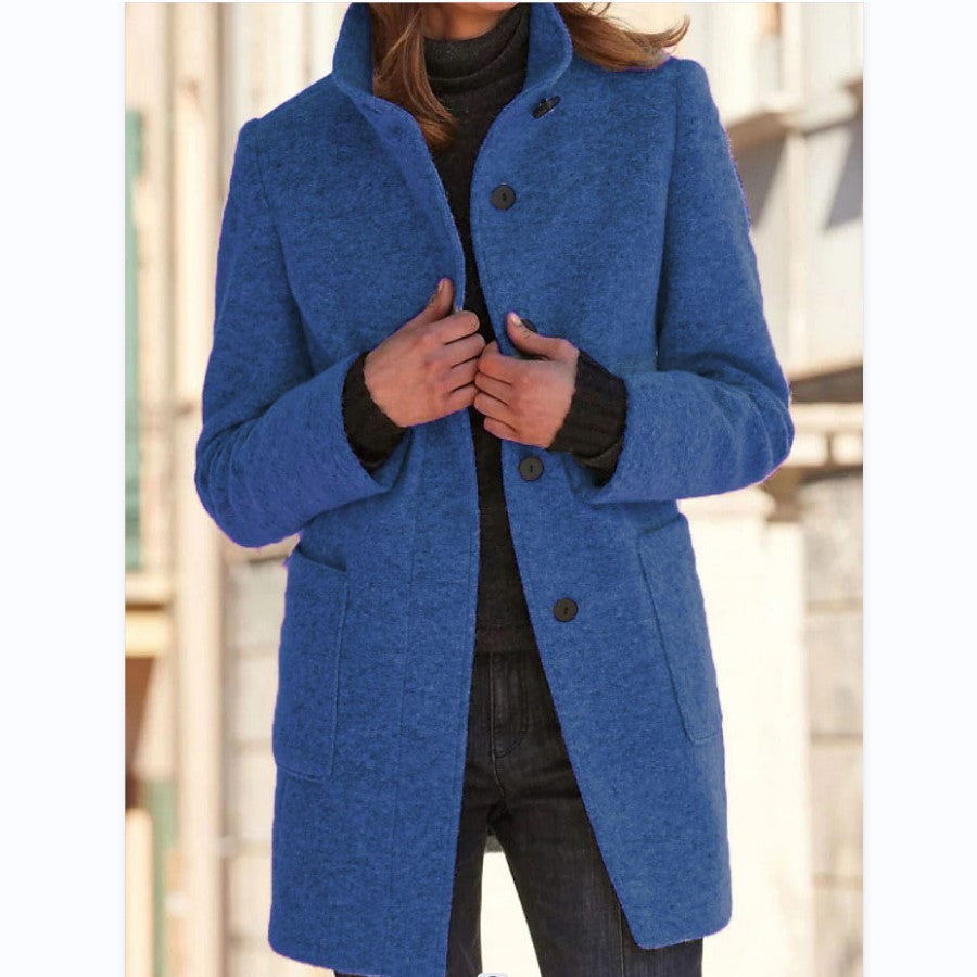 Fashion Stand Collar Woolen Coat With Pockets Fall Winter Casual Button Outwear For Women Clothing - happyshop365247