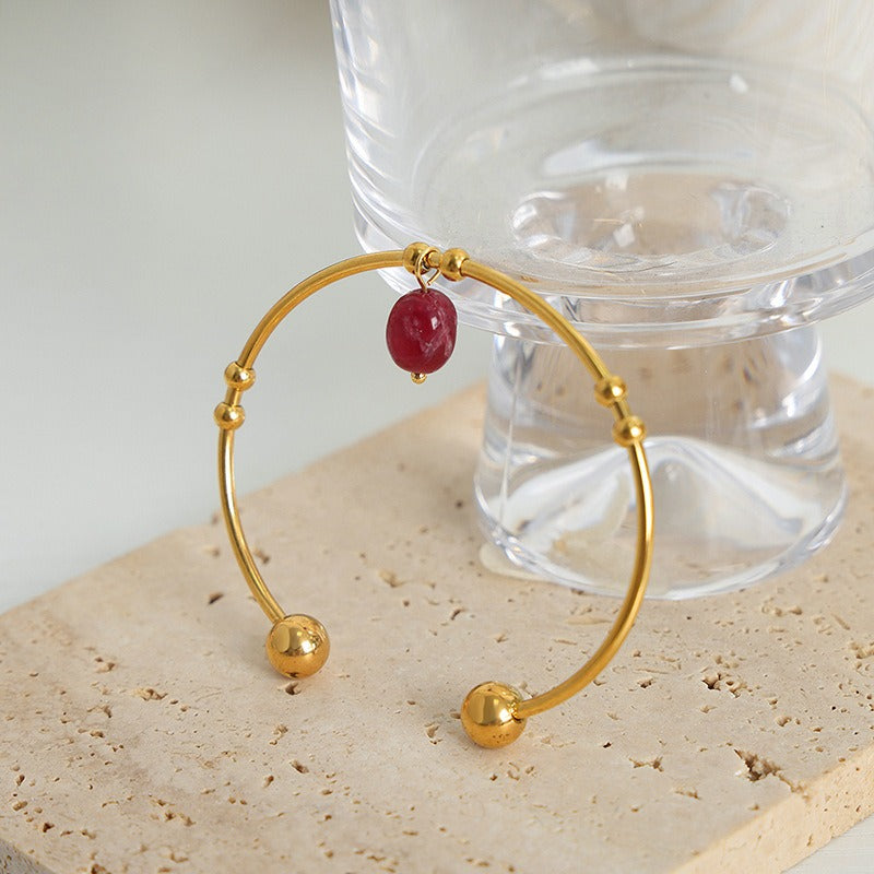 18K gold round shape with gemstone pendant design light luxury simple open bracelet - happyshop365247