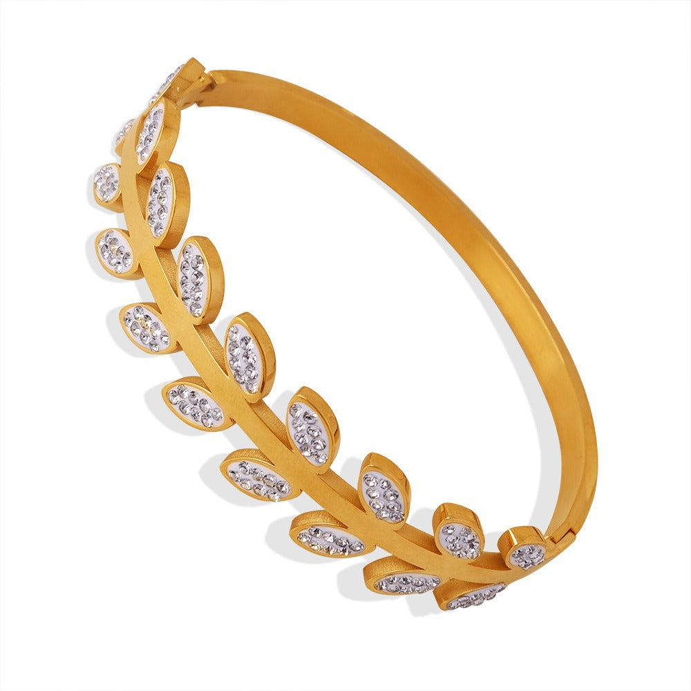 18K gold leaf-shaped diamond-studded light luxury bracelet - happyshop365247