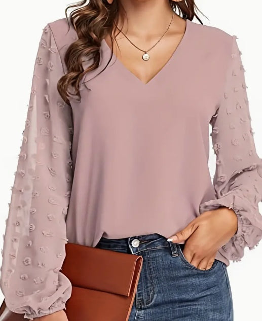 Swiss Dot V Neck Shirt - Soft, Breathable, Casual Solid Shirt For Spring And Fall Season, Women's Clothing With Relaxed Fit And Classic Style - happyshop365247