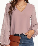 Swiss Dot V Neck Shirt - Soft, Breathable, Casual Solid Shirt For Spring And Fall Season, Women's Clothing With Relaxed Fit And Classic Style - happyshop365247