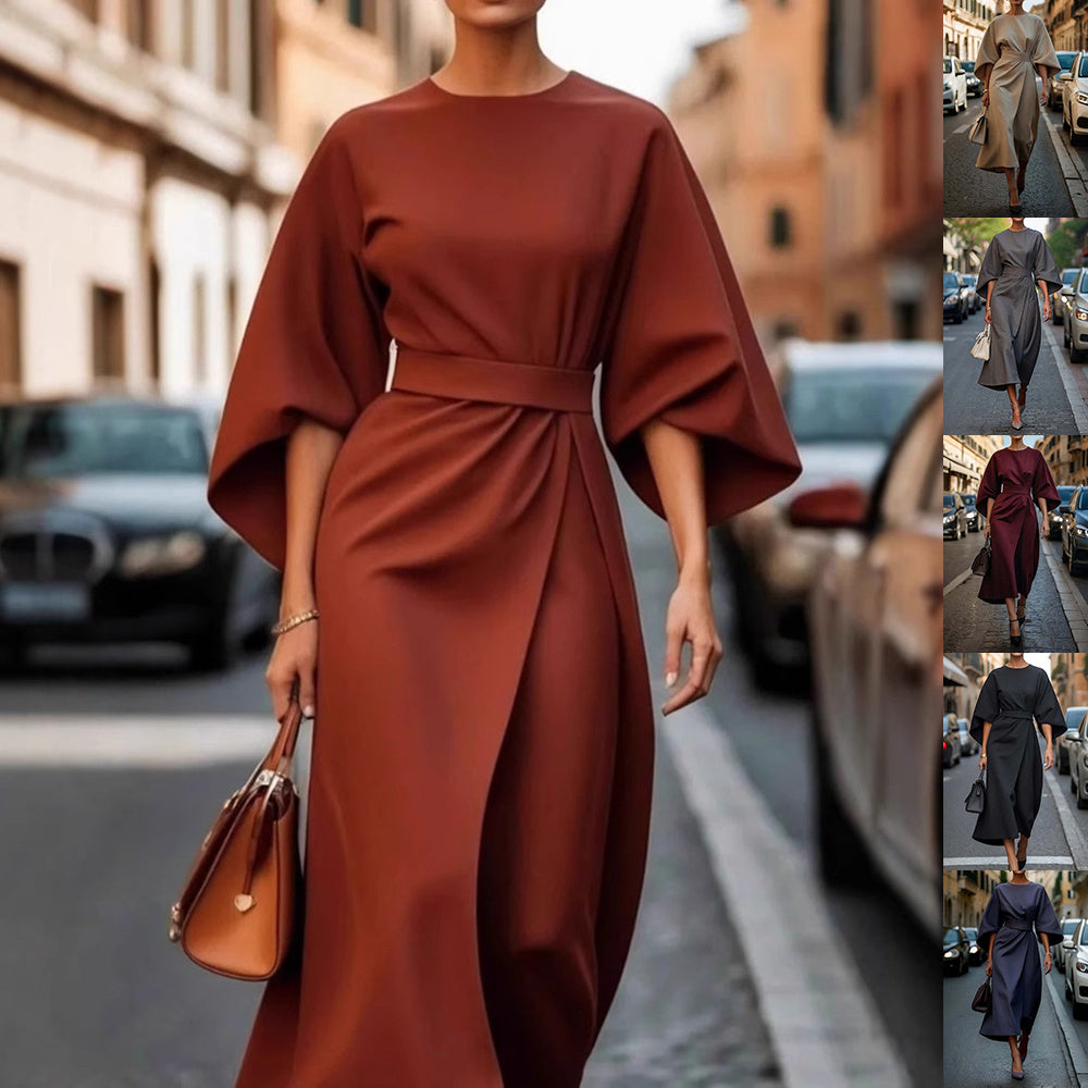 Loose Batwing Sleeve Dress Fashion Waist-tighted Solid Color Elegant Dresses For Women Clothing - happyshop365247