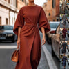 Loose Batwing Sleeve Dress Fashion Waist-tighted Solid Color Elegant Dresses For Women Clothing - happyshop365247