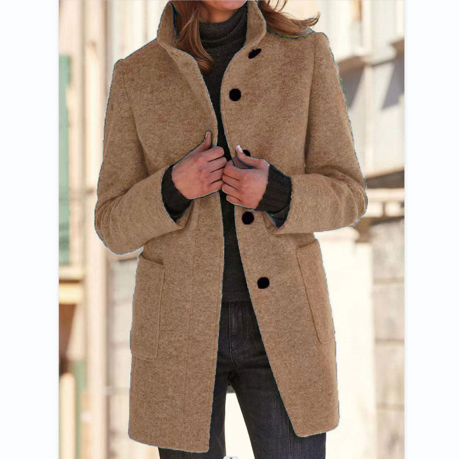 Fashion Stand Collar Woolen Coat With Pockets Fall Winter Casual Button Outwear For Women Clothing - happyshop365247