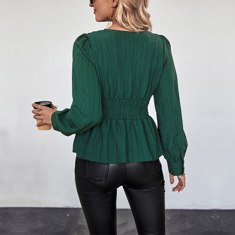 European And American Fall Women's Clothing V-neck Slim Shirt Women - happyshop365247