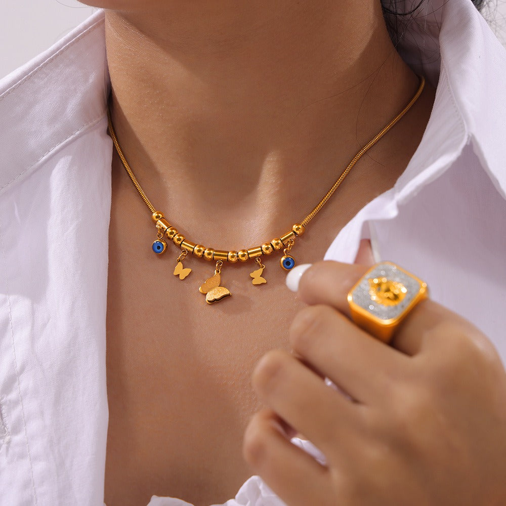 18K gold exquisite and noble butterfly/gemstone-inlaid design light luxury style necklace - happyshop365247