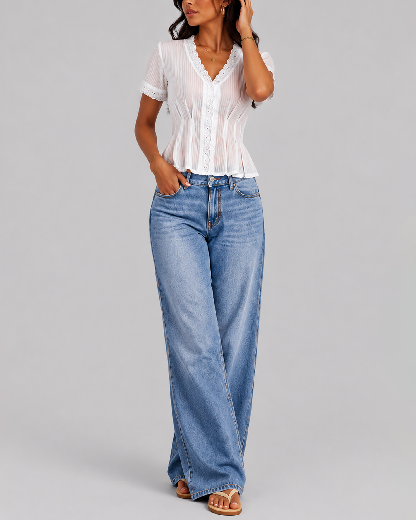 Women's Fashion Lace Seam Pleated Slim Fit Fresh Short Sleeve Shirt
