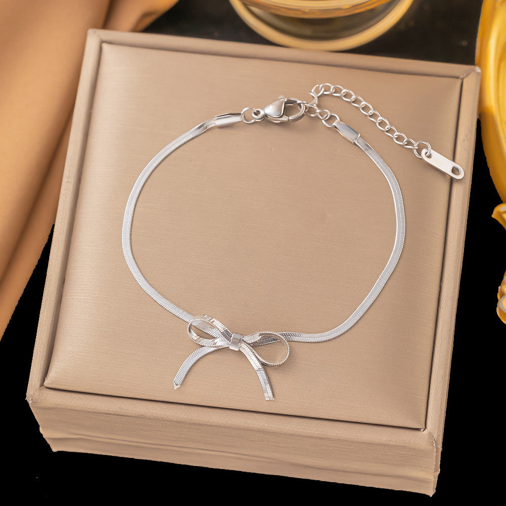 Fashion Jewelry New Trendy Bowknot Stainless Steel Gold Plated Snake Chain Necklace For Women Elegant Niche Design Charms Choker Jewelry Gifts - happyshop365247
