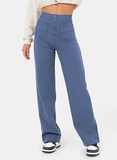 New Fall Women's Clothing High Waist Pocket Wide Leg Button Casual Baggy Straight Trousers Trousers