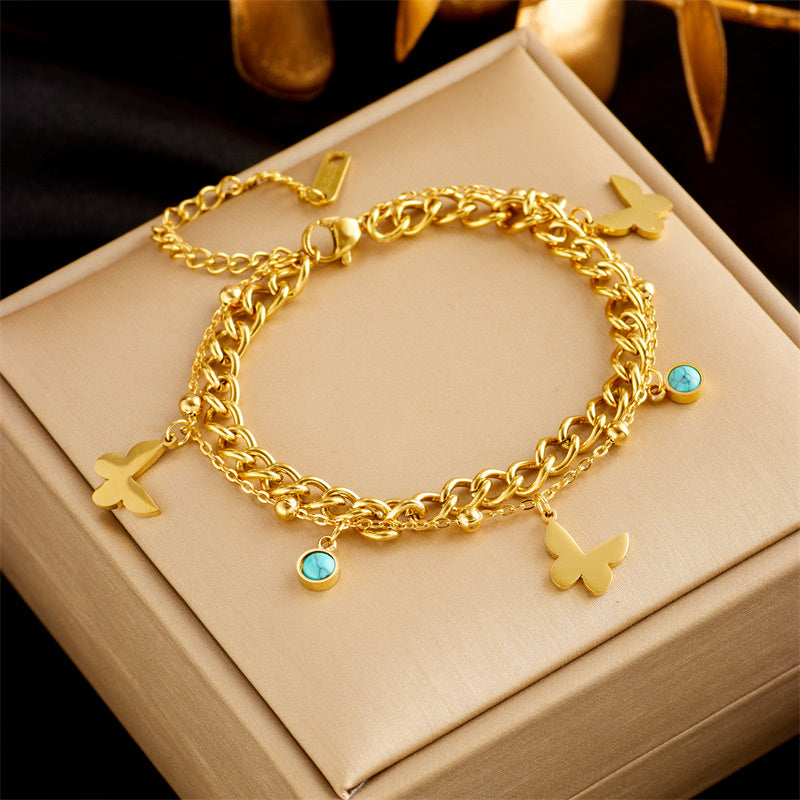Stainless Steel Gold Plated Punk Fashion Double Layer Bracelet For Women Girl Snake Chain Party Luxury Jewelry - happyshop365247