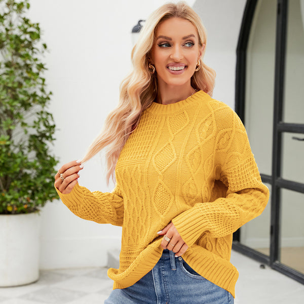 Casual Round-neck Pullover Sweater Fall Winter Solid Color Cable-knot Pattern Tops Women Clothing - happyshop365247