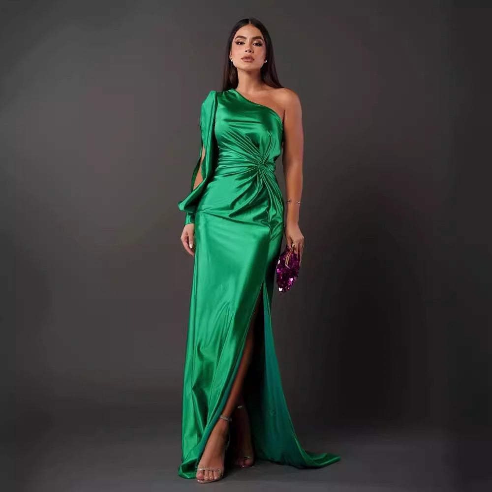 Women's One-shoulder Split Dress Ins Fashion Long-sleeved Slim Long Dresses Party Evening Clothing - happyshop365247