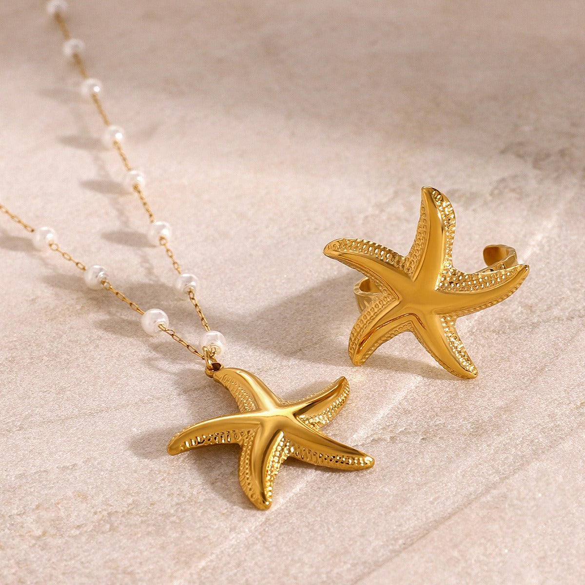 18K gold starfish shape with pearl design exquisite and noble necklace ring set - happyshop365247