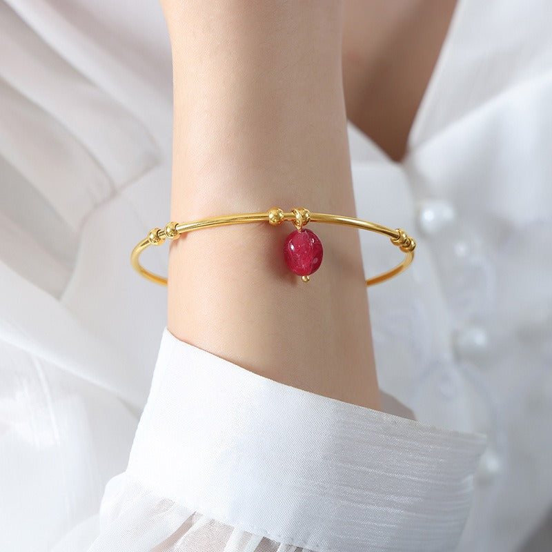 18K gold round shape with gemstone pendant design light luxury simple open bracelet - happyshop365247