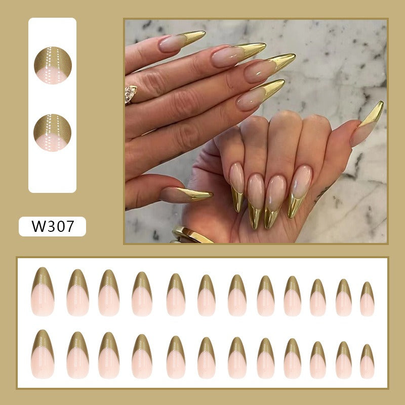 Simple pearlescent gold French almond nail wear nails special nail pieces wholesale finished wind fake nails - happyshop365247