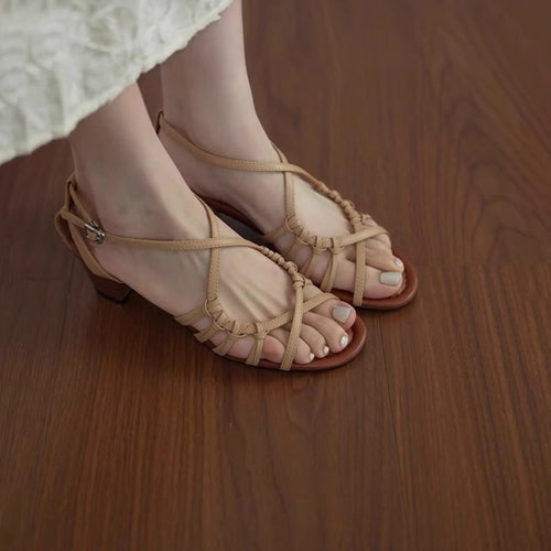 Soft leather version ~ Elegant woven hollowed-out one-line open-toe thick-heeled sandals, fairy vacation style Roman shoes for women