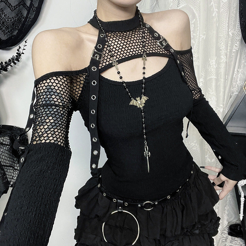 Fishing net splicing off shoulder long sleeved top for women