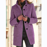Fashion Stand Collar Woolen Coat With Pockets Fall Winter Casual Button Outwear For Women Clothing - happyshop365247