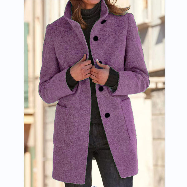 Fashion Stand Collar Woolen Coat With Pockets Fall Winter Casual Button Outwear For Women Clothing - happyshop365247
