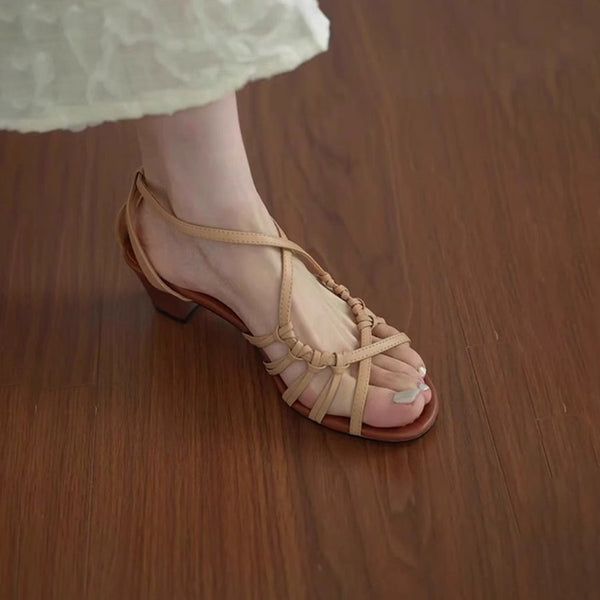 Soft leather version ~ Elegant woven hollowed-out one-line open-toe thick-heeled sandals, fairy vacation style Roman shoes for women