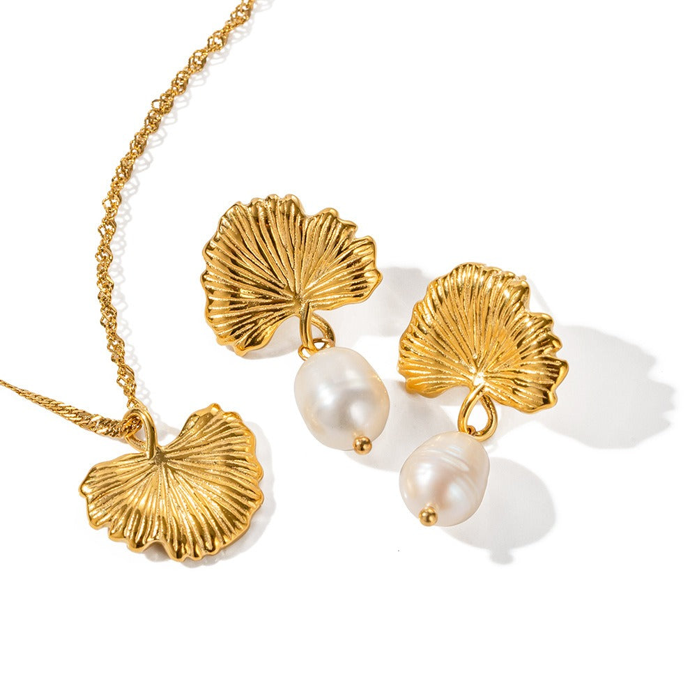 18K gold noble and elegant ginkgo with pearl design light luxury style earrings and necklace set - happyshop365247