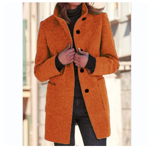 Fashion Stand Collar Woolen Coat With Pockets Fall Winter Casual Button Outwear For Women Clothing - happyshop365247