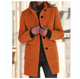 Fashion Stand Collar Woolen Coat With Pockets Fall Winter Casual Button Outwear For Women Clothing - happyshop365247