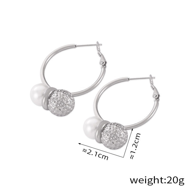 18K gold exquisite noble hammer pattern ball splicing pearl design light luxury style earrings necklace set - happyshop365247