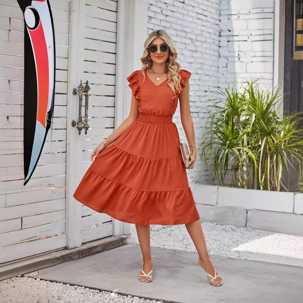 New Ruffled Sleeveless V-Neck Dress Summer Fashion Elastic Waist A-Line Dresses For Womens Clothing - happyshop365247