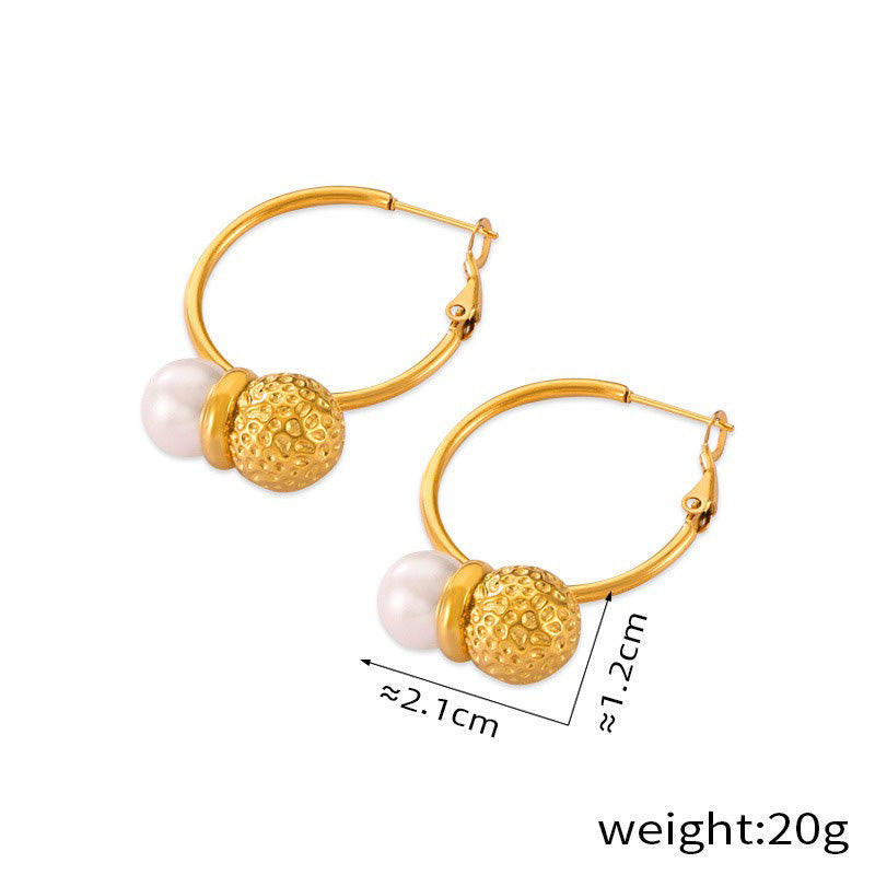 18K gold exquisite noble hammer pattern ball splicing pearl design light luxury style earrings necklace set - happyshop365247