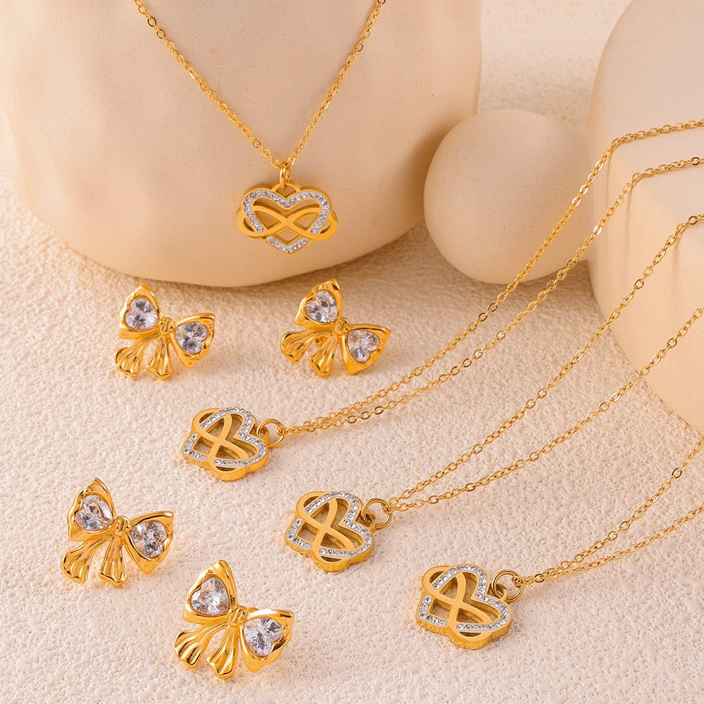 18k gold noble and light luxury bow inlaid with diamonds/heart with winding design earrings and necklace set - happyshop365247
