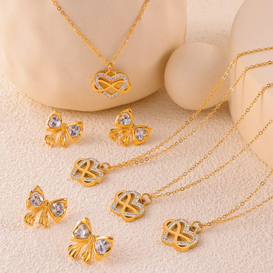 18k gold noble and light luxury bow inlaid with diamonds/heart with winding design earrings and necklace set - happyshop365247