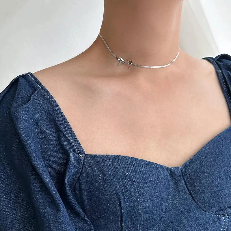 Fashion Jewelry New Trendy Bowknot Stainless Steel Gold Plated Snake Chain Necklace For Women Elegant Niche Design Charms Choker Jewelry Gifts - happyshop365247