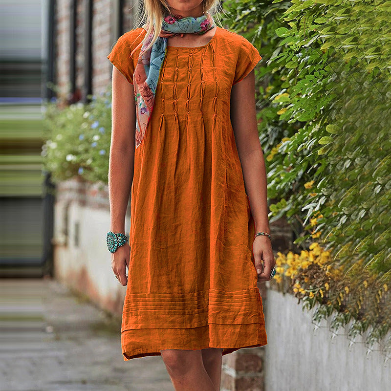 Fashion U-neck Short Sleeve Dress Summer Solid Straight Dresses Womens Clothing - happyshop365247