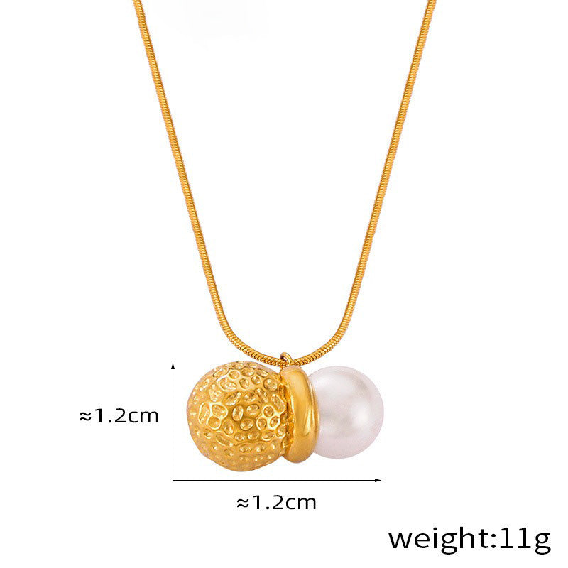 18K gold exquisite noble hammer pattern ball splicing pearl design light luxury style earrings necklace set - happyshop365247