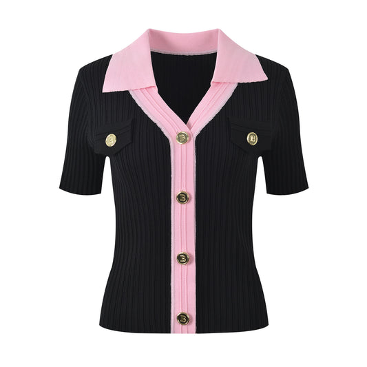 Summer temperament fashion commuting all-match contrast color pollo collar single-breasted thin knitted cardigan top