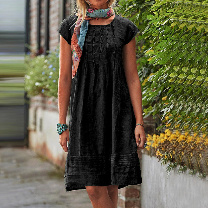 Fashion U-neck Short Sleeve Dress Summer Solid Straight Dresses Womens Clothing - happyshop365247