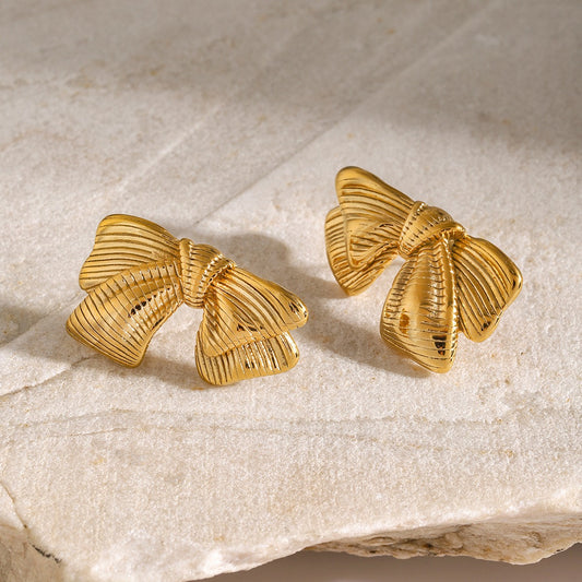 18K gold classic personality bow with striped design earrings - happyshop365247