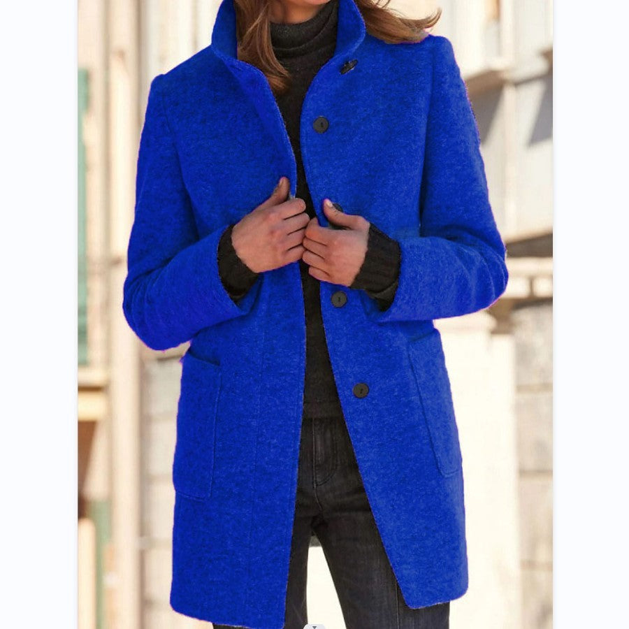 Fashion Stand Collar Woolen Coat With Pockets Fall Winter Casual Button Outwear For Women Clothing - happyshop365247