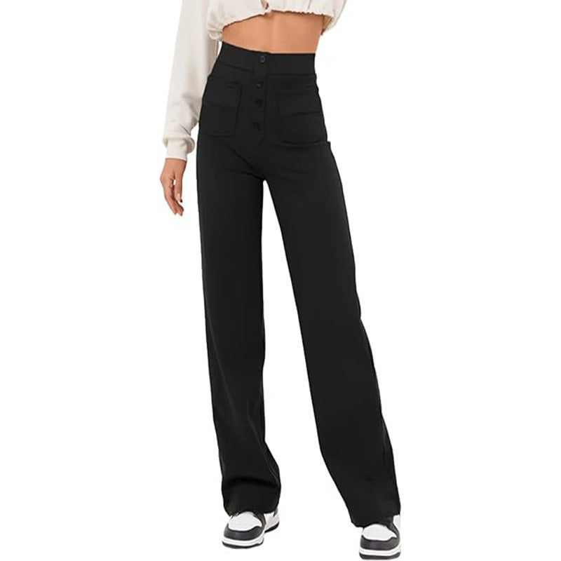 New Fall Women's Clothing High Waist Pocket Wide Leg Button Casual Baggy Straight Trousers Trousers - happyshop365247