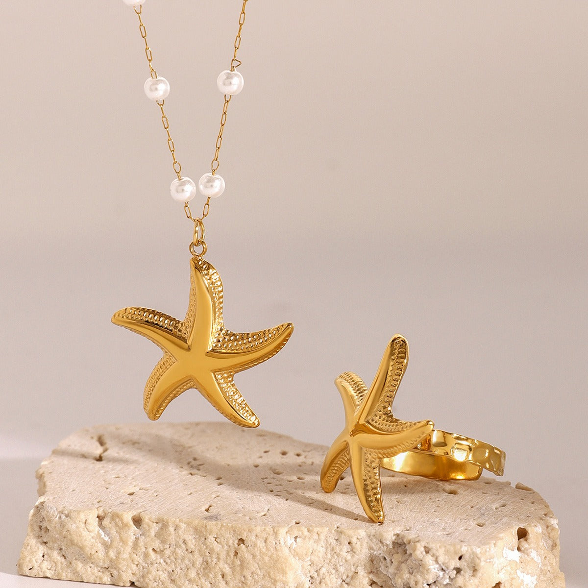 18K gold starfish shape with pearl design exquisite and noble necklace ring set - happyshop365247