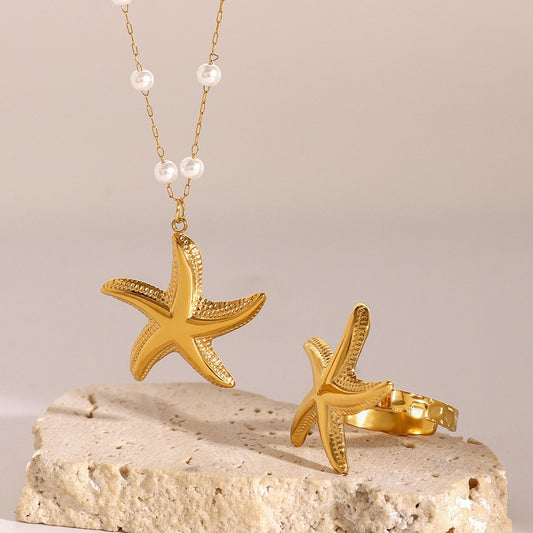 18K gold starfish shape with pearl design exquisite and noble necklace ring set - happyshop365247