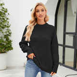 Casual Round-neck Pullover Sweater Fall Winter Solid Color Cable-knot Pattern Tops Women Clothing - happyshop365247