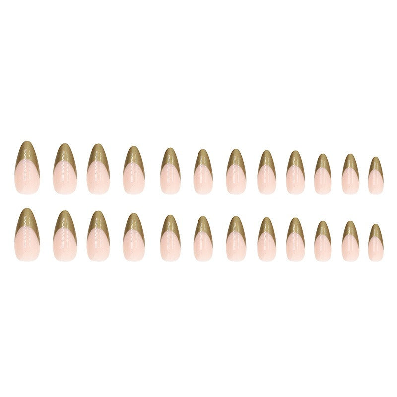 Simple pearlescent gold French almond nail wear nails special nail pieces wholesale finished wind fake nails - happyshop365247