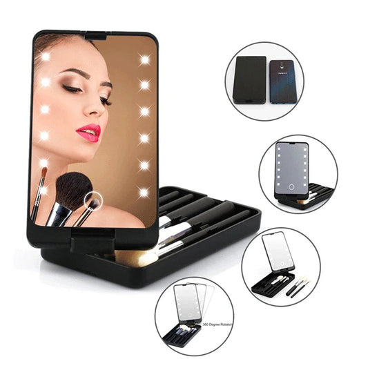 LED Folding Rotating Cosmetic Mirror Box with Brush - happyshop365247