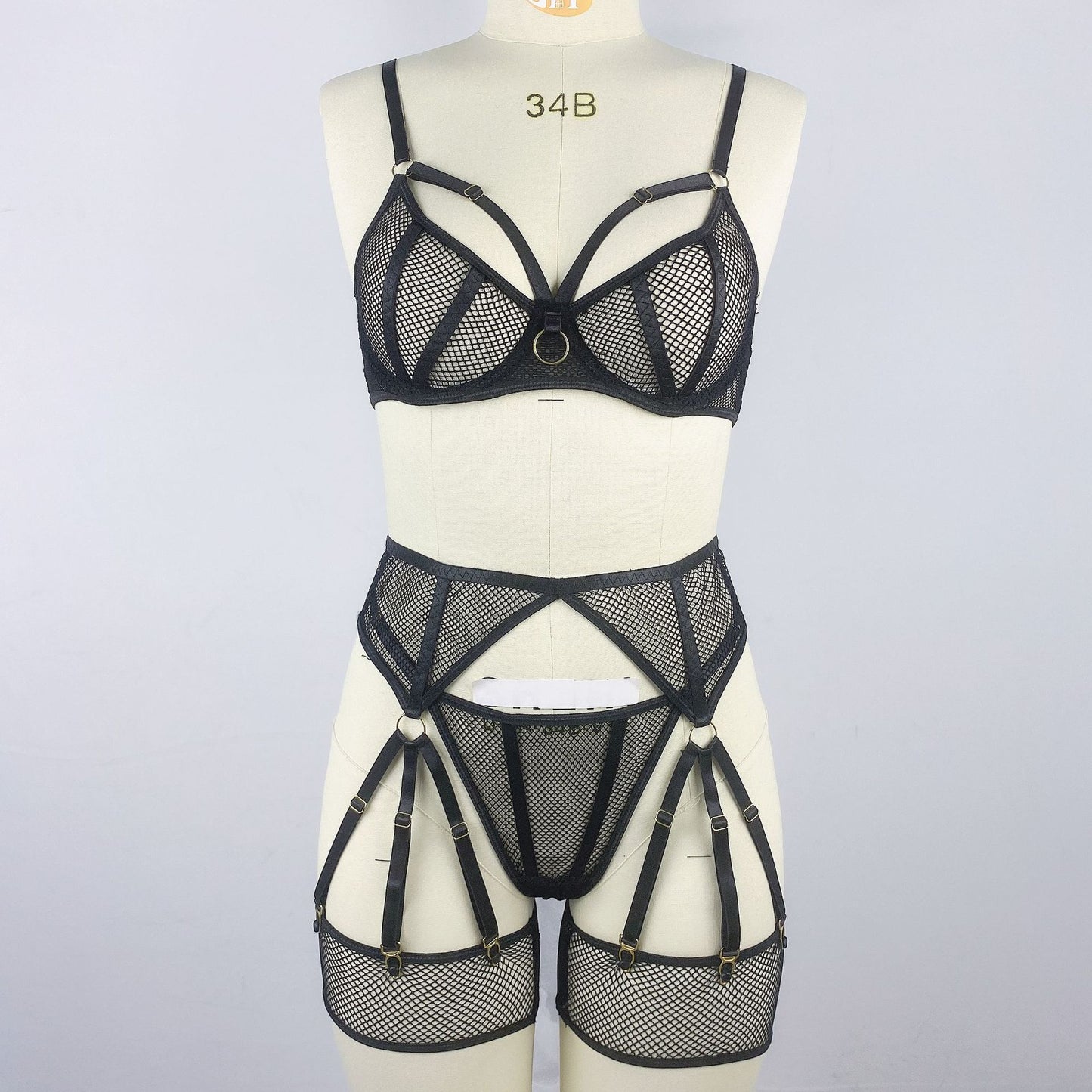 Fishing net hollowed out with steel ring bra see through sexy lingerie set