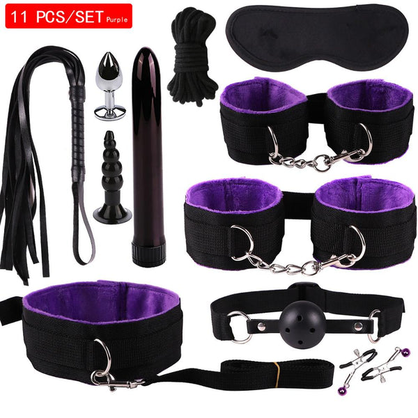 11PCS/SET Sex Toys For Couples Exotic Accessories Nylon Silicone Sex Bondage Set Lingerie Handcuffs Whip Rope Anal Vibrator